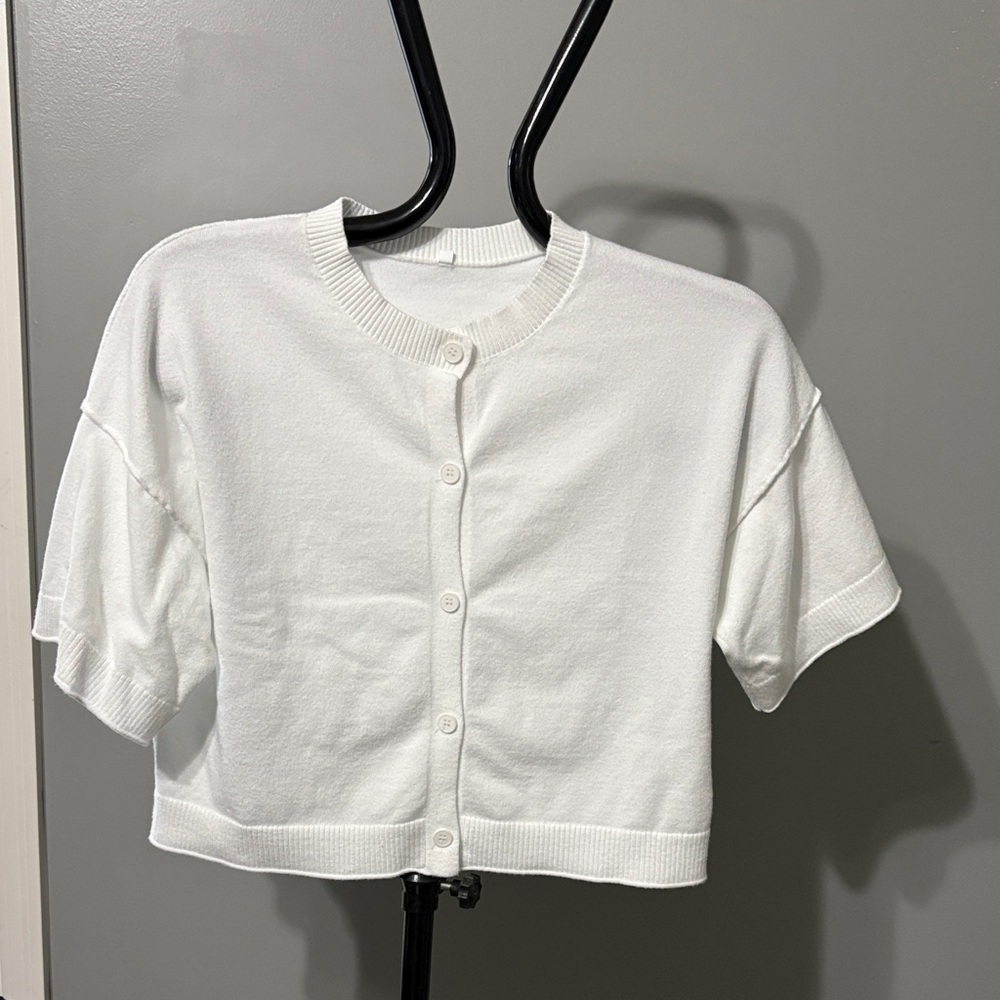 Amazon White Short Sleeve Button Front Cropped Cardigan